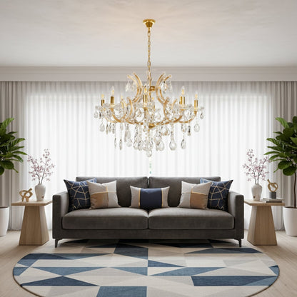 Elegant gold crystal chandelier with sparkling drops adding luxury lighting style for living room and dining room decor.
