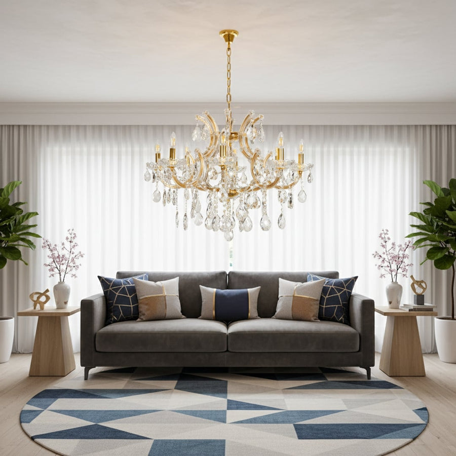Elegant gold crystal chandelier with sparkling drops adding luxury lighting style for living room and dining room decor.