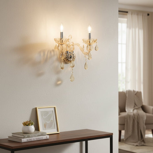Golden crystal wall light adds warm elegant lighting to living room or hallway walls creating a luxurious ambience.