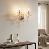 Golden crystal wall light adds warm elegant lighting to living room or hallway walls creating a luxurious ambience.
