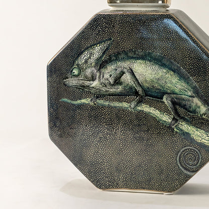 Dark green ceramic jar with engraved horse artwork in a front view perfect for rustic décor themes and stylish tabletop placement.