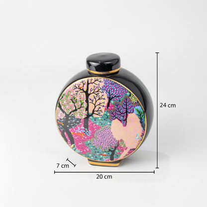 Round ceramic decorative jar with vibrant tree artwork showing product dimensions for modern tabletop home decor.