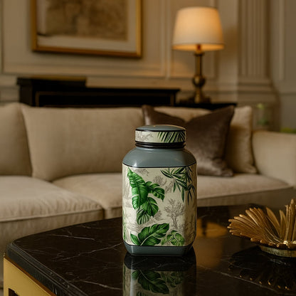 Tropical leaf jar placed on a black marble table enhancing elegant living room decor.