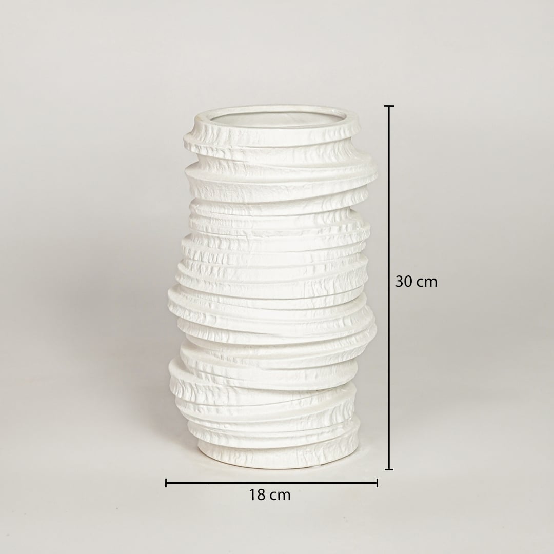 White ceramic decorative vase showing 18 cm width and 30 cm height ideal for console table shelf and home decor display.