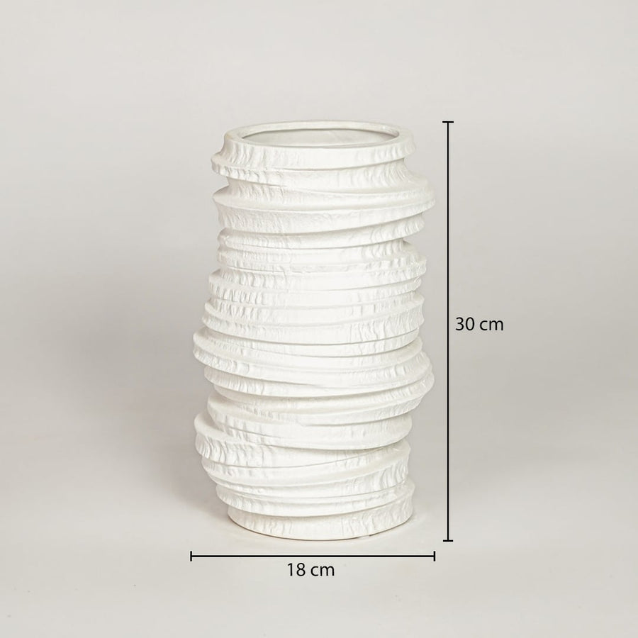 White ceramic decorative vase showing 18 cm width and 30 cm height ideal for console table shelf and home decor display.