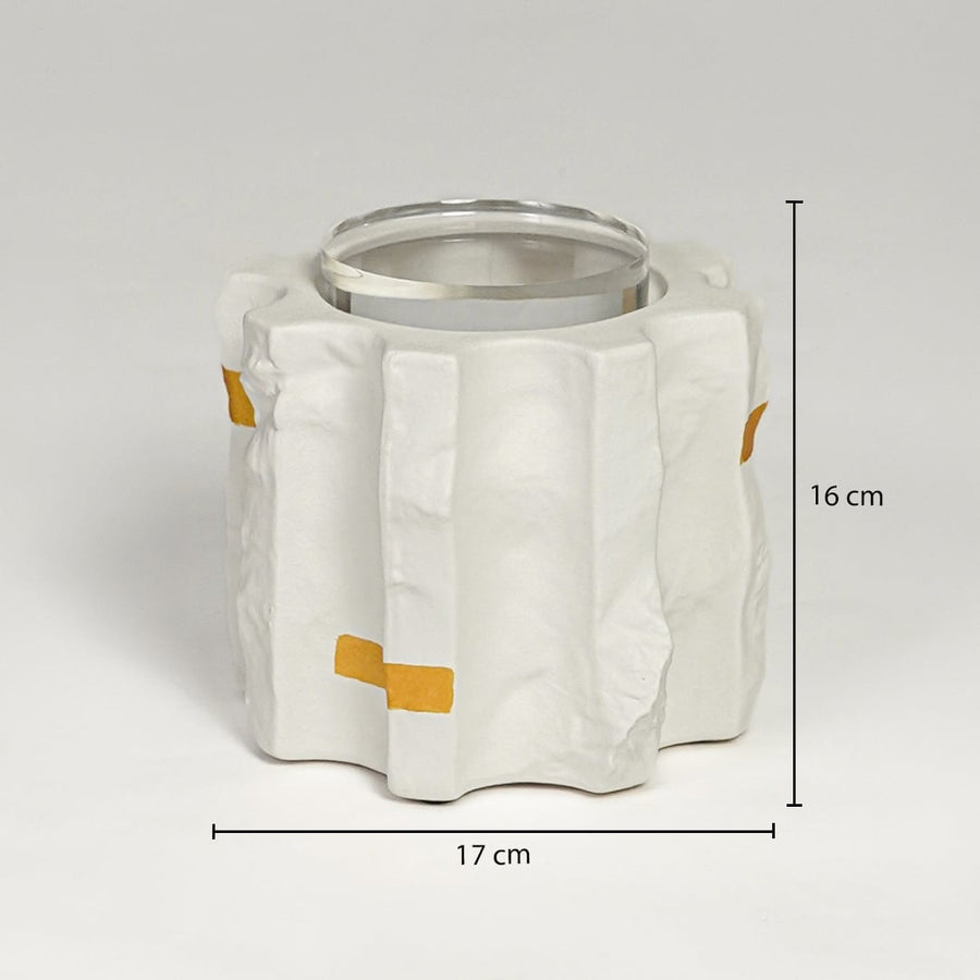 White ceramic vase with gold accents measuring 16 cm height and 17 cm width ideal for tabletop decor placement.