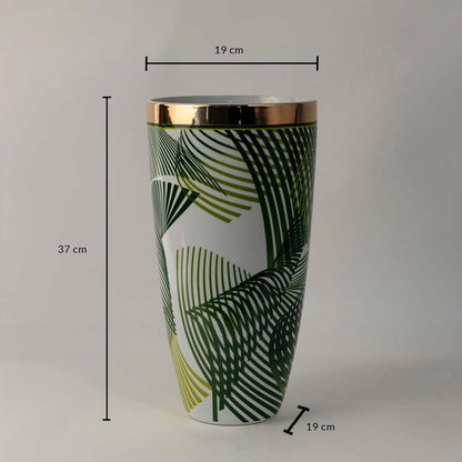 Ceramic vase with tropical green palm leaf pattern and golden rim shown with 37 cm height and 19 cm diameter for decor.