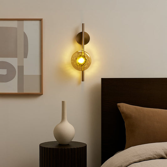 Gold metal wall light lifestyle image in modern bedroom with warm ambient lighting and elegant interior decor.