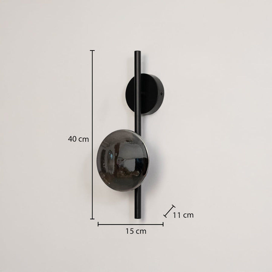 Black wall light with smoked textured glass shade shown with 40 cm height and 15 cm width for accurate sizing.