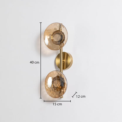 Gold double wall light with amber textured glass globes shown with 40 cm height and 15 cm width for accurate sizing.