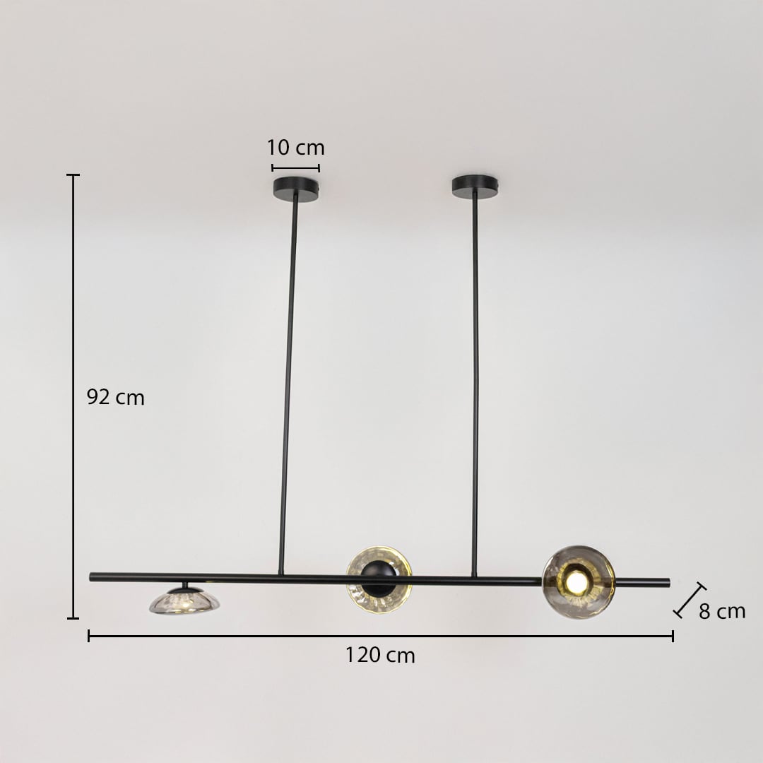 Black metal chandelier with smoky glass discs measuring 92 cm height and 120 cm width perfect for dining area ceiling decor.