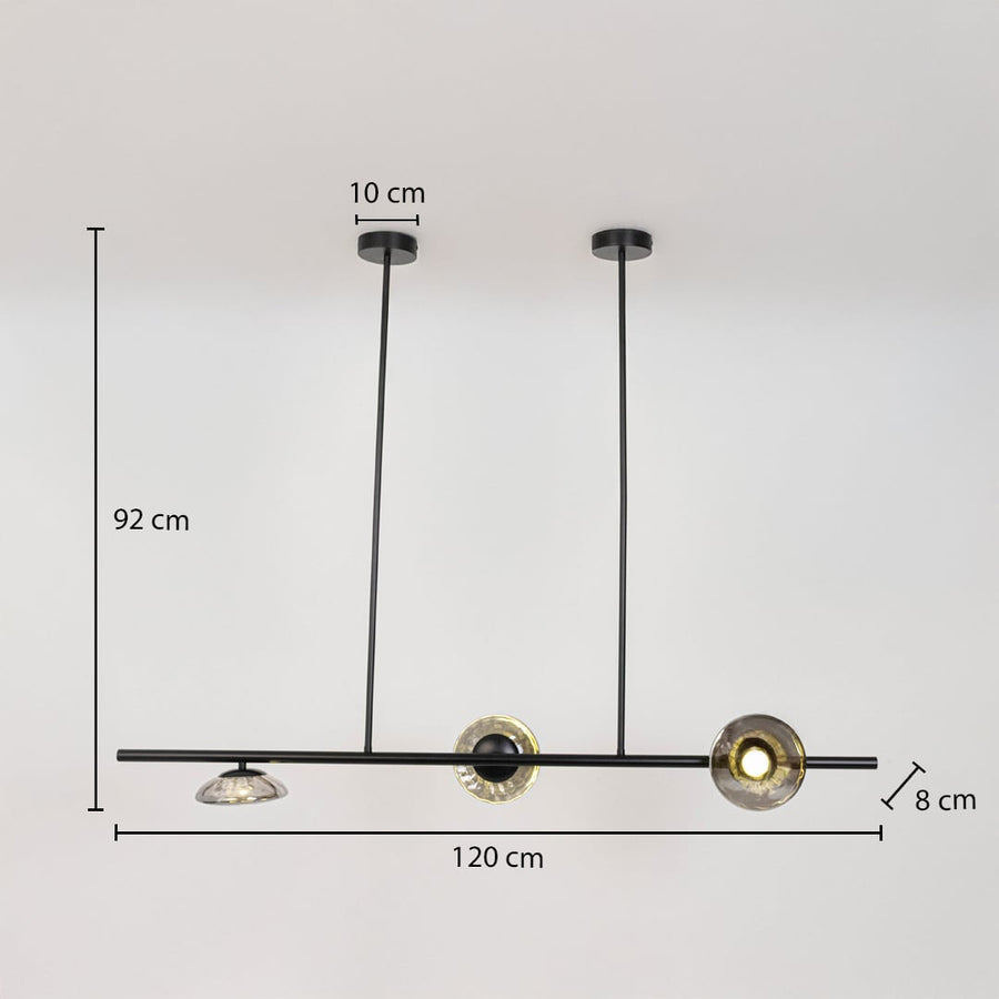 Black metal chandelier with smoky glass discs measuring 92 cm height and 120 cm width perfect for dining area ceiling decor.