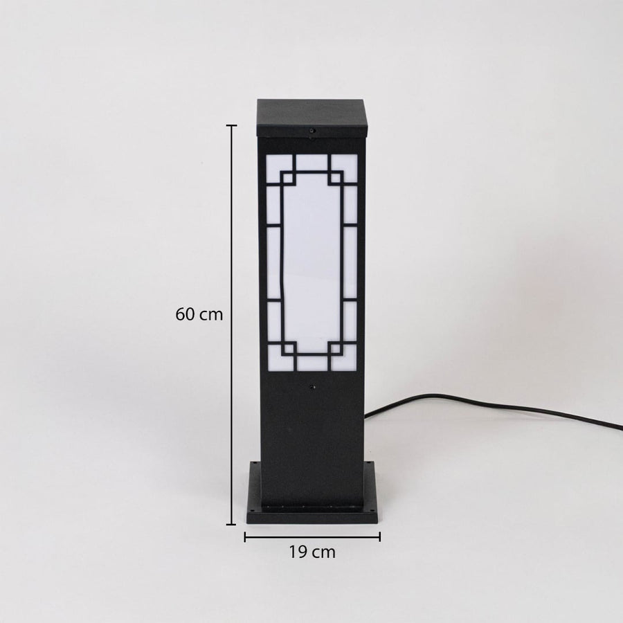 Pillar light dimension image showing height 60 cm and width 19 cm with black metal frame and frosted glass panel.