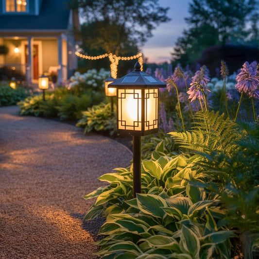 Black outdoor garden light with warm glow styled beside pathway plants for elegant exterior decor ambiance.