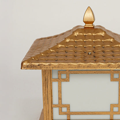 Close view of outdoor pillar light with wooden finish and detailed roof design showcasing premium decorative exterior lighting.

