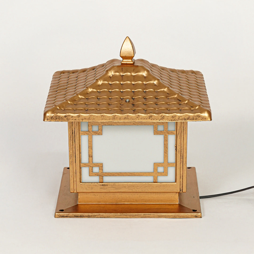 Outdoor pillar light with wooden finish and traditional pagoda design mounted on neutral wall background ideal for garden or patio lighting.
