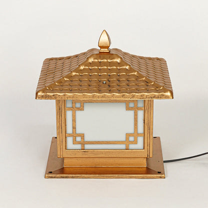 Outdoor pillar light with wooden finish and traditional pagoda design mounted on neutral wall background ideal for garden or patio lighting.