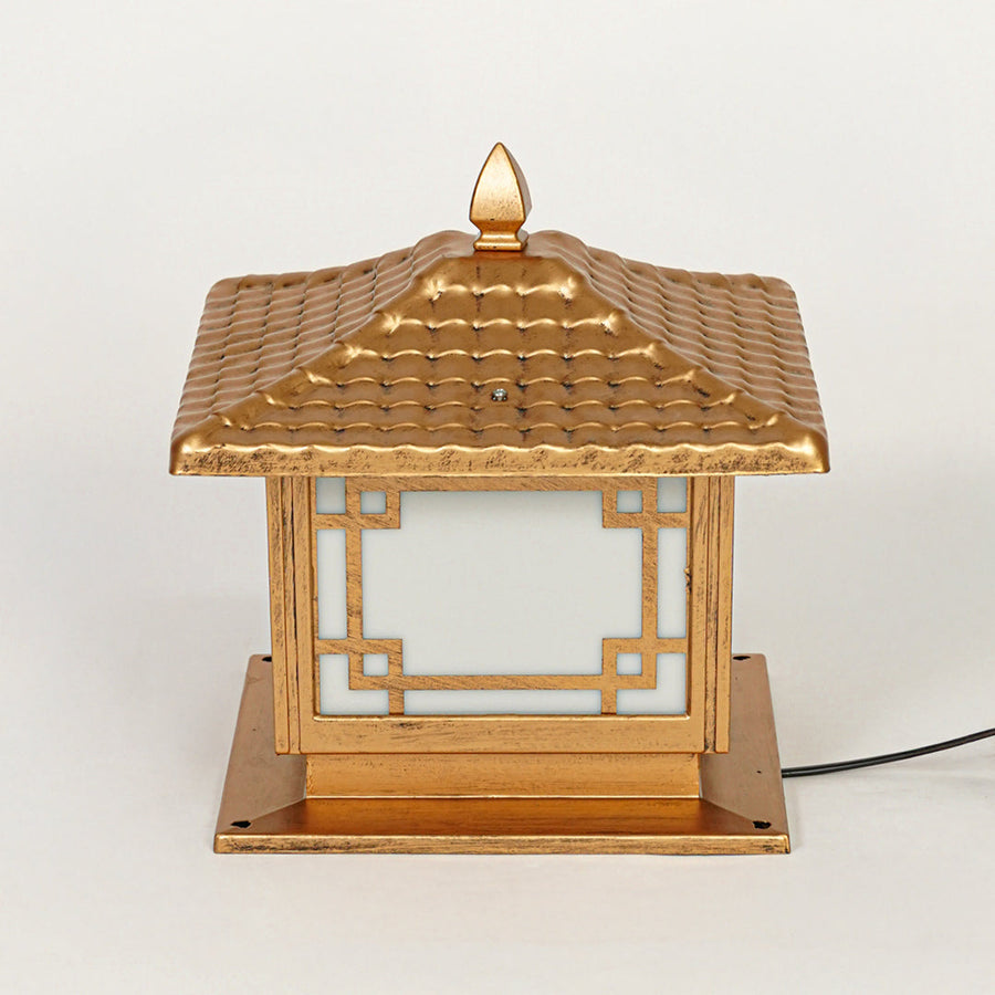 Outdoor pillar light with wooden finish and traditional pagoda design mounted on neutral wall background ideal for garden or patio lighting.