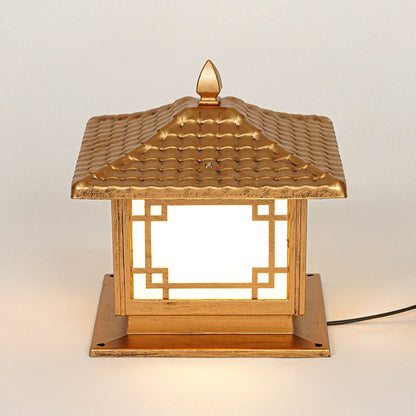 Traditional outdoor pillar light with bronze metal finish and glowing glass panels on neutral background ideal for vintage style outdoor lighting.

