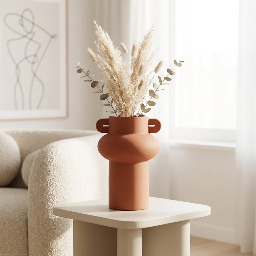 Orange ceramic flower vase with dried flowers modern decorative vase for living room table home decor styling.
