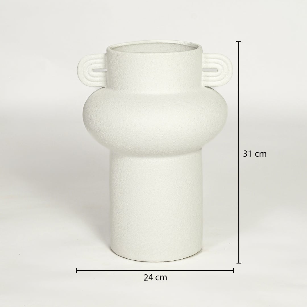 White ceramic decorative vase with sculptural handles showing 31 cm height and 24 cm width suitable for table or console placement.