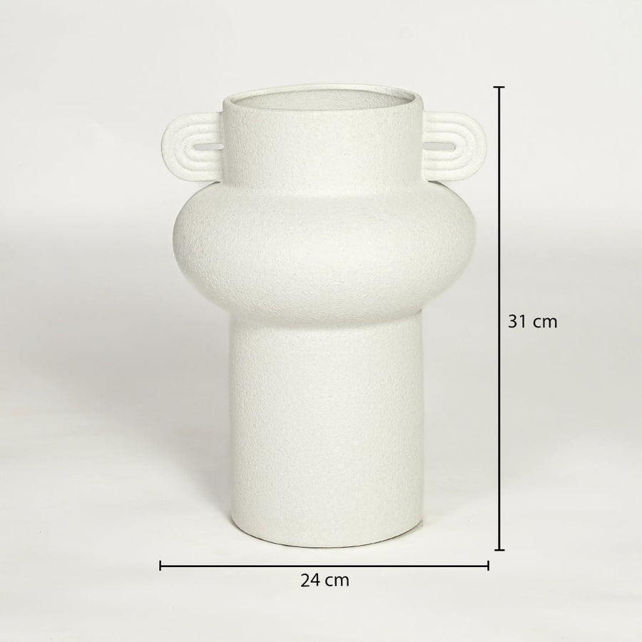 White ceramic decorative vase with sculptural handles showing 31 cm height and 24 cm width suitable for table or console placement.