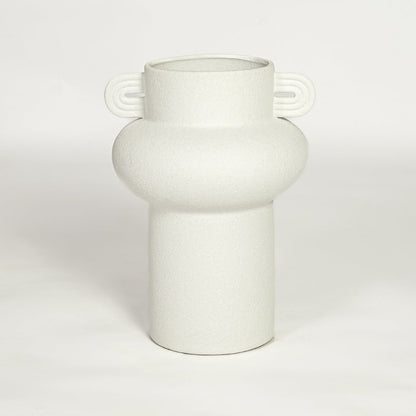 Minimal white ceramic statement vase with side handles designed for living room table console or shelf styling on clean background.