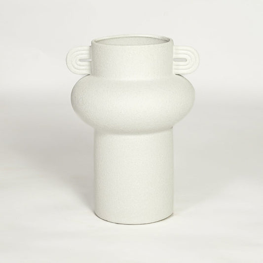 Minimal white ceramic statement vase with side handles designed for living room table console or shelf styling on clean background.