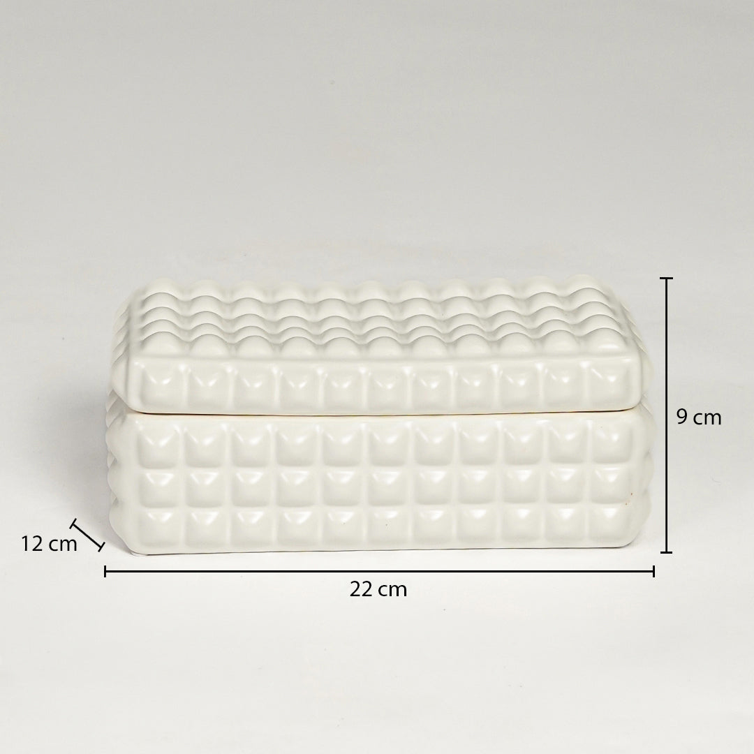White ceramic decorative tray with textured pattern showing product dimensions for elegant tabletop home decor displays.