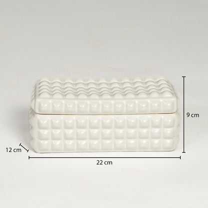 White ceramic decorative tray with textured pattern showing product dimensions for elegant tabletop home decor displays.