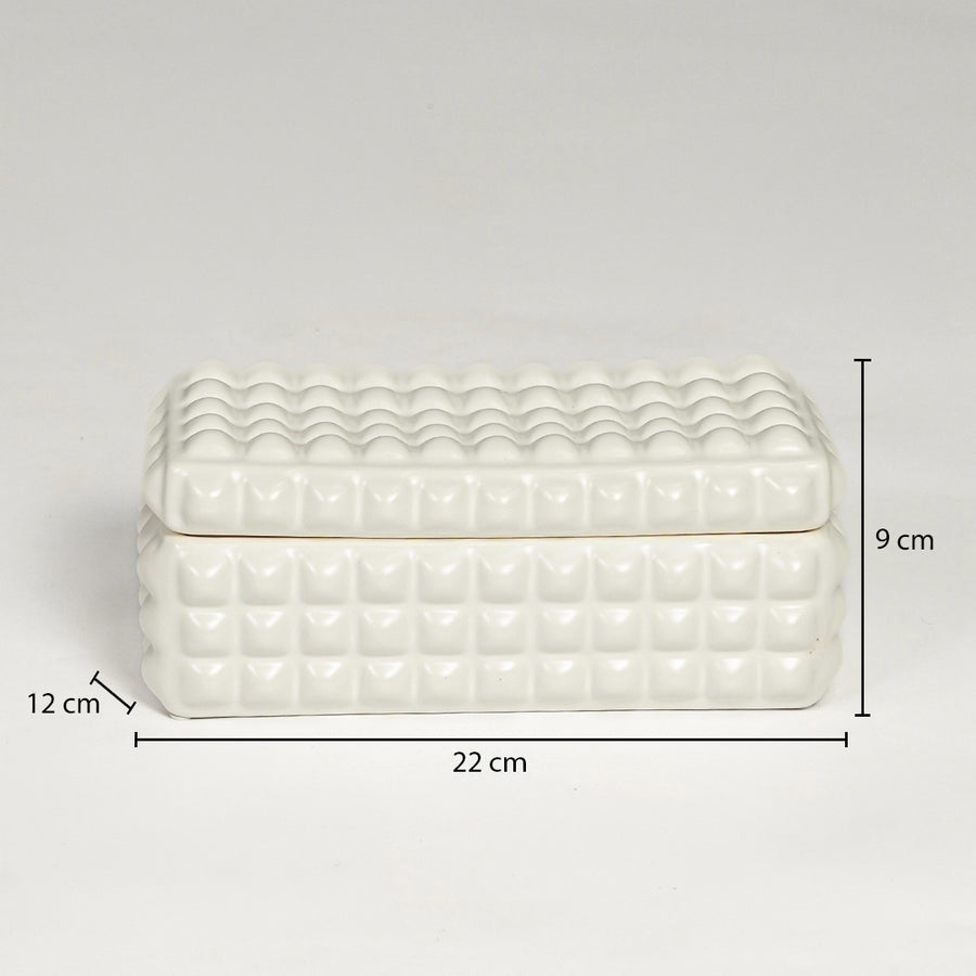 White ceramic decorative tray with textured pattern showing product dimensions for elegant tabletop home decor displays.