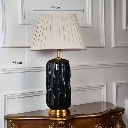 Black marble table lamp with pleated fabric shade measuring 71 cm height and 40 cm width for luxury interiors.