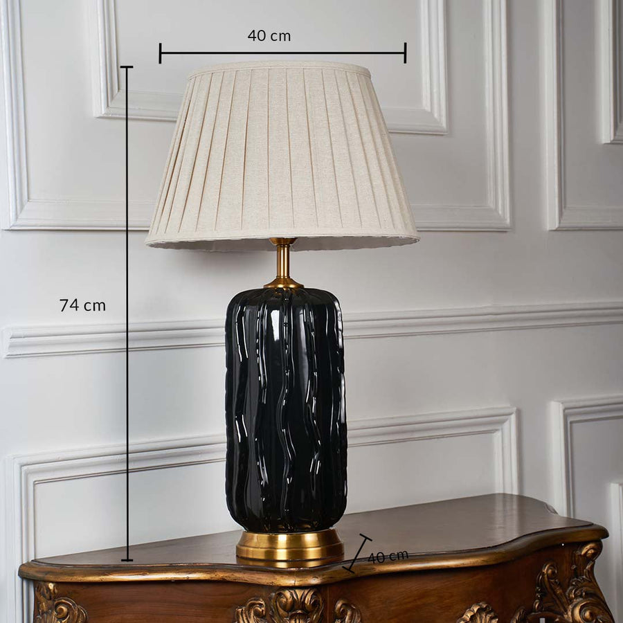 Black marble table lamp with pleated fabric shade measuring 71 cm height and 40 cm width for luxury interiors.