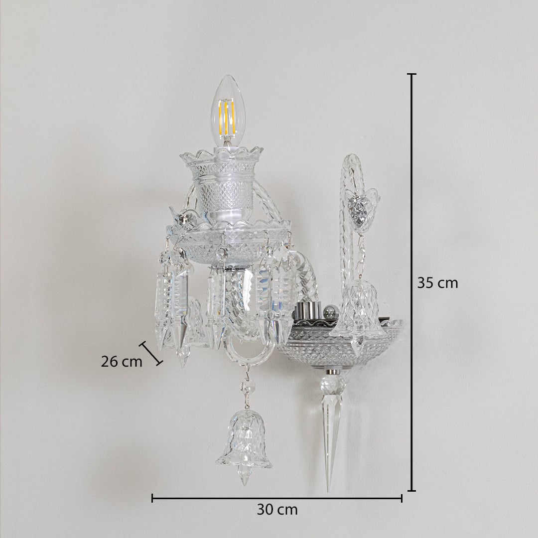 Crystal wall light with ornate glass design and crystal accents size 30cm height 35cm width 26cm depth displayed with measurements.