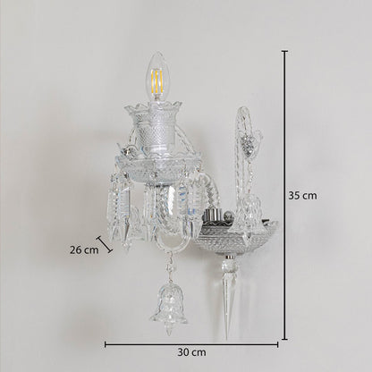 Crystal wall light with ornate glass design and crystal accents size 30cm height 35cm width 26cm depth displayed with measurements.