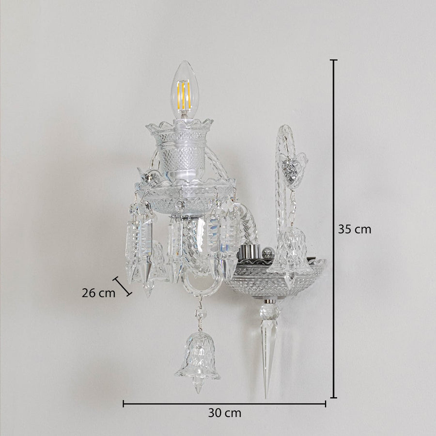 Crystal wall light with ornate glass design and crystal accents size 30cm height 35cm width 26cm depth displayed with measurements.