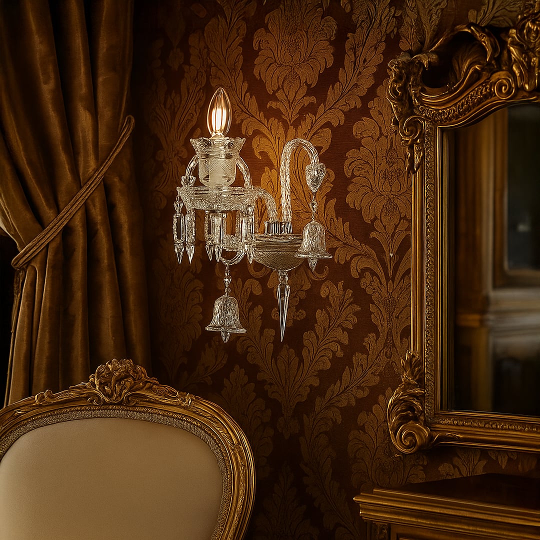 Crystal wall light glowing in luxury room with golden wallpaper ornate mirror and upholstered chair.