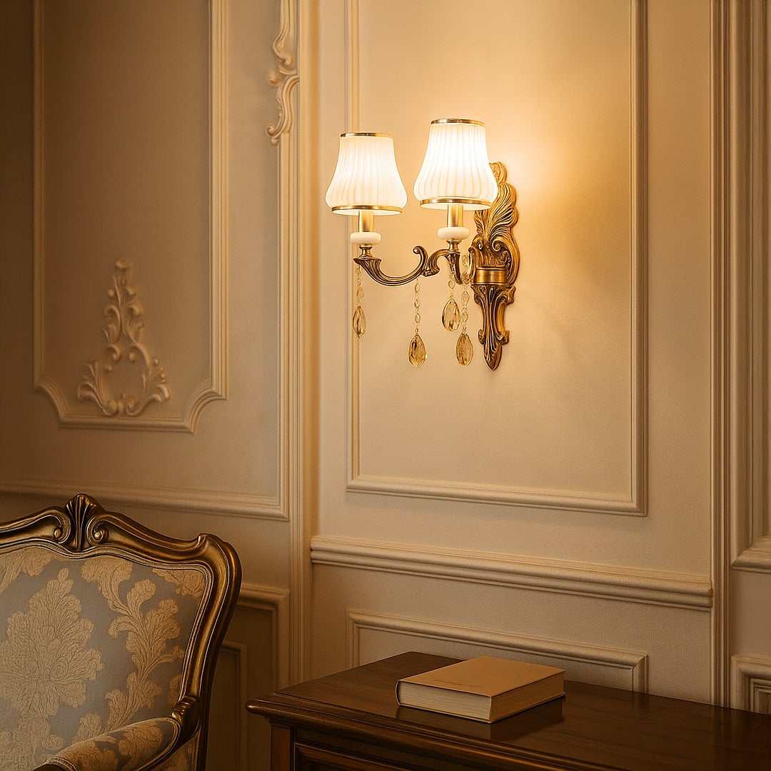Elegant two light crystal sconce with gold base and white shades glowing warmly in classic living room decor.