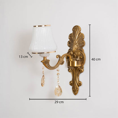 Gold metal crystal wall light dimension image with 40 cm height and fabric shade for classic luxury wall decor.