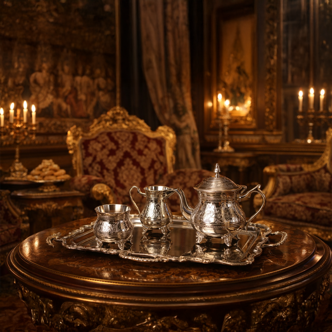 Antique silver tea set displayed on a carved tray in a luxurious setting creating timeless regal appeal.