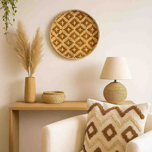 Decorative bamboo wall plate with warm brown and beige geometric weave adding natural charm to cozy interior wall decor.