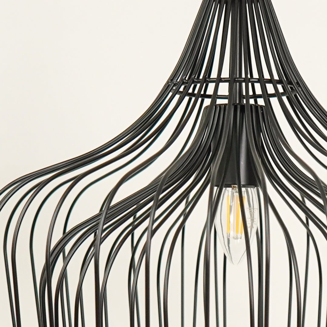 Closeup of black metal cage pendant light showcasing artistic curves and premium details.
