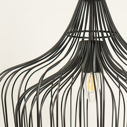 Closeup of black metal cage pendant light showcasing artistic curves and premium details.
