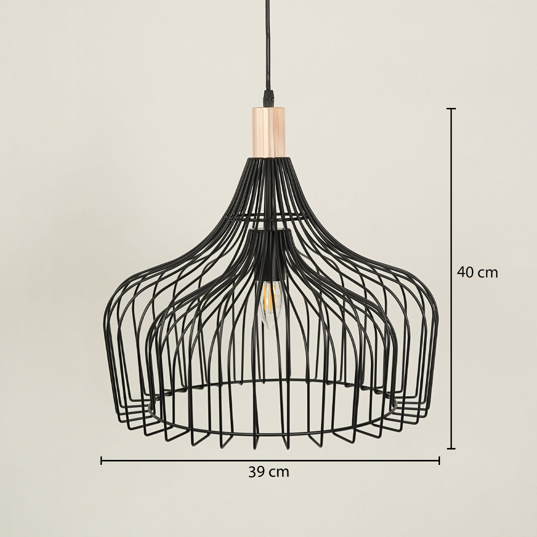 Black metal cage pendant light with sculptural design displaying size details elegantly.