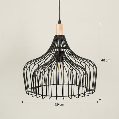 Black metal cage pendant light with sculptural design displaying size details elegantly.