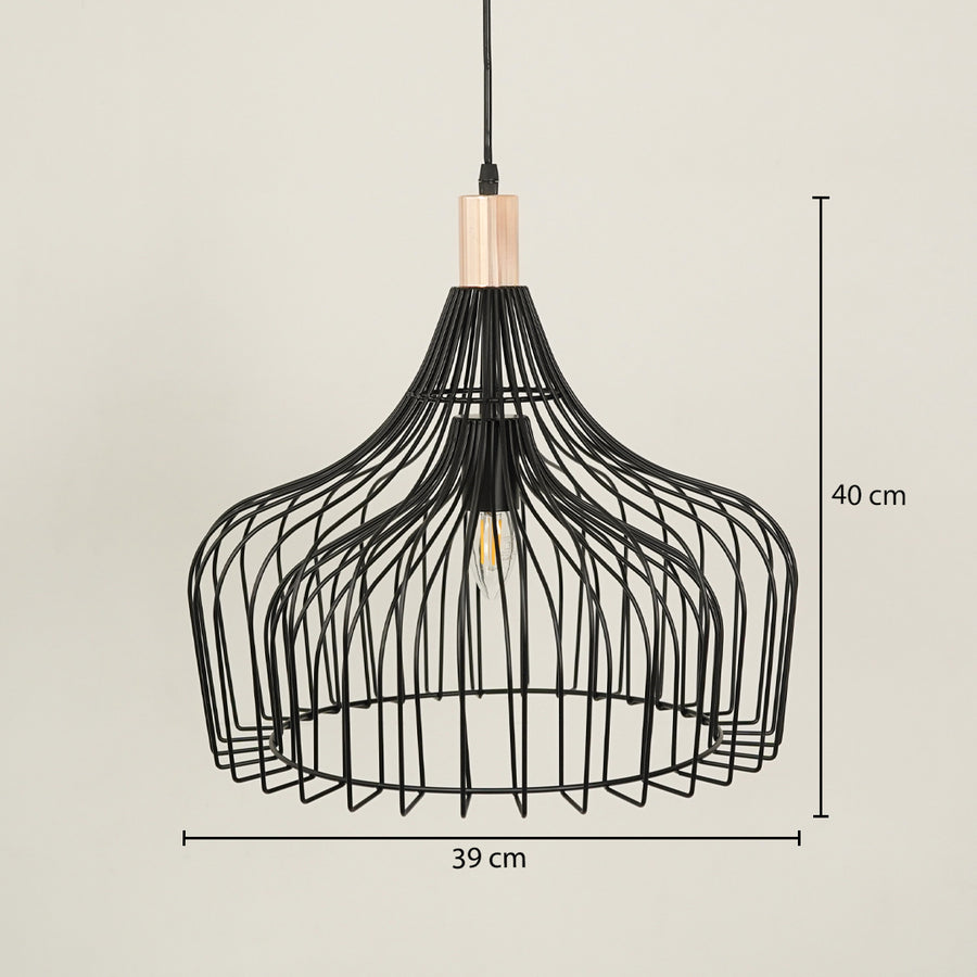 Black metal cage pendant light with sculptural design displaying size details elegantly.