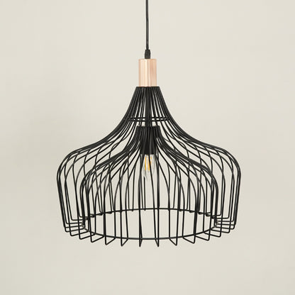 Black metal cage pendant light with sculptural frame for contemporary home interiors.