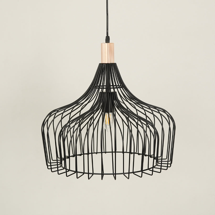 Black metal cage pendant light with sculptural frame for contemporary home interiors.