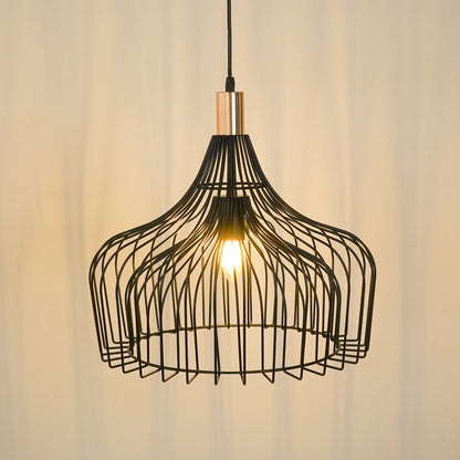 Black metal cage pendant light with warm glow designed for modern ambient lighting.