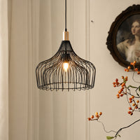 Black metal cage pendant light illuminated warmly in elegant living spaces for stylish ceiling decor.